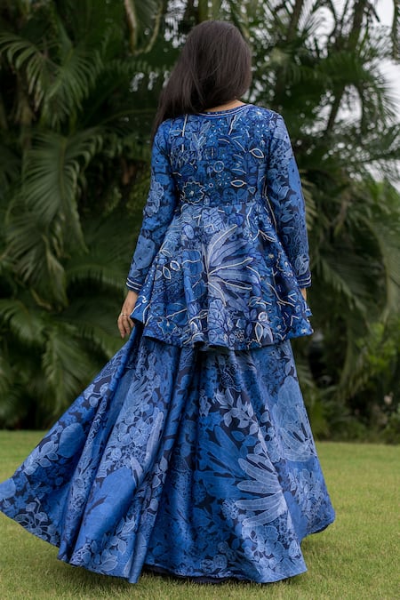 Shop_Payal & Zinal_Blue Imported Satin Printed Floral V Neck Peplum Kurta And Pant Set _at_Aza_Fashions