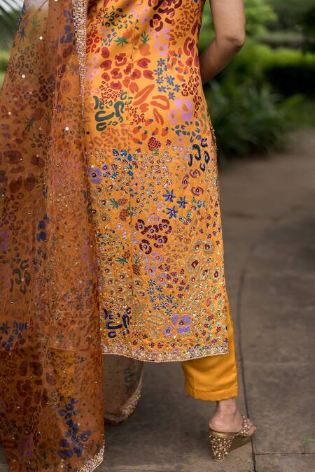 Shop_Payal & Zinal_Yellow Imported Satin Printed Abstract Scoop Neck Kurta Set _Online_at_Aza_Fashions