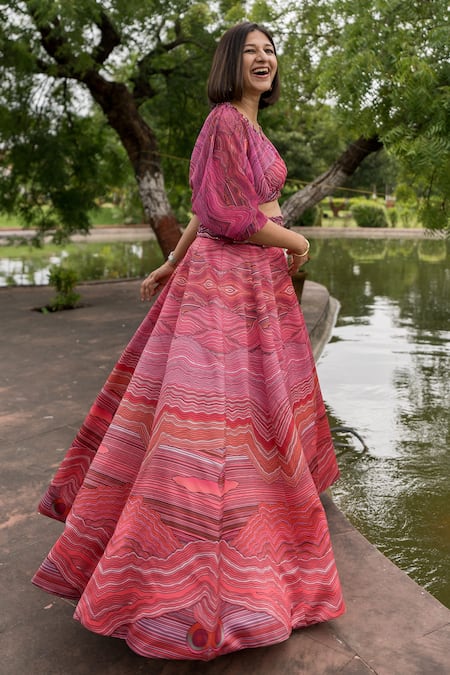 Payal & Zinal_Pink Georgette, Imported Satin Sequin, Bead, Wave V Neck Print Skirt And Top Set _Online_at_Aza_Fashions