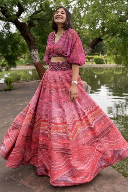 Buy_Payal & Zinal_Pink Georgette, Imported Satin Sequin, Bead, Wave V Neck Print Skirt And Top Set _Online_at_Aza_Fashions