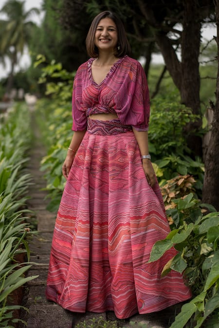 Shop_Payal & Zinal_Pink Georgette, Imported Satin Sequin, Bead, Wave V Neck Print Skirt And Top Set _Online_at_Aza_Fashions