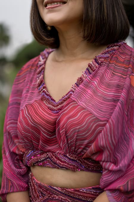 Payal & Zinal_Pink Georgette, Imported Satin Sequin, Bead, Wave V Neck Print Skirt And Top Set _at_Aza_Fashions