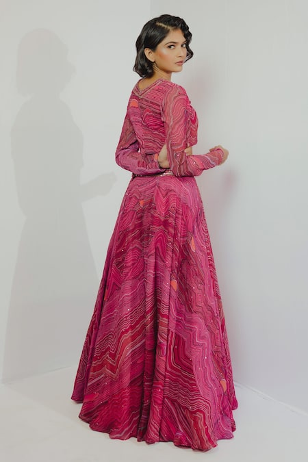 Shop Payal & Zinal Pink Georgette Sequin, Wave V Neck Print Skirt And Top Set at Aza Fashions Shop_Payal & Zinal_Pink Georgette Sequin, Wave V Neck Print Skirt And Top Set _at_Aza_Fashions