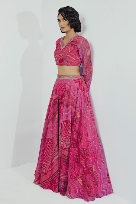 Payal & Zinal Pink Georgette Sequin, Wave V Neck Print Skirt And Top Set Online at Aza Fashions Payal & Zinal_Pink Georgette Sequin, Wave V Neck Print Skirt And Top Set _Online_at_Aza_Fashions