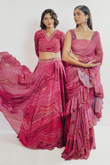 Buy Payal & Zinal Pink Georgette Sequin, Wave V Neck Print Skirt And Top Set Online at Aza Fashions Buy_Payal & Zinal_Pink Georgette Sequin, Wave V Neck Print Skirt And Top Set _Online_at_Aza_Fashions