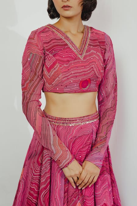 Payal & Zinal Pink Georgette Sequin, Wave V Neck Print Skirt And Top Set at Aza Fashions Payal & Zinal_Pink Georgette Sequin, Wave V Neck Print Skirt And Top Set _at_Aza_Fashions