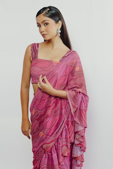 Buy_Payal & Zinal_Pink Georgette Wave Square Neck Printed Pre-draped Saree With Blouse _Online_at_Aza_Fashions