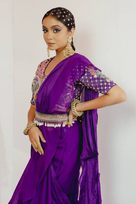 Payal & Zinal_Purple Chinnon, Gajji Silk, Soft Pre-draped Saree With Embroidered Blouse _Online_at_Aza_Fashions