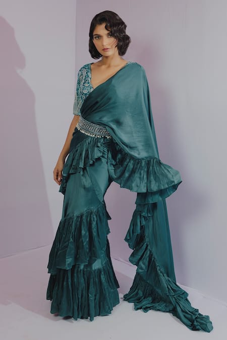 Payal & Zinal_Green Gajji Silk, Barberton Satin, Imported Ruffle Pre-draped Saree With Blouse _Online_at_Aza_Fashions