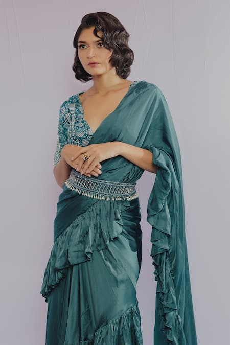 Buy_Payal & Zinal_Green Gajji Silk, Barberton Satin, Imported Ruffle Pre-draped Saree With Blouse _Online_at_Aza_Fashions