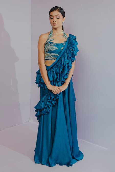 Teal Ruffle Saree Set With Belt Ruffle Saree, Saree, Indigo, 51% OFF