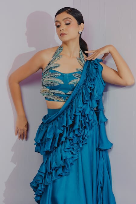 Payal & Zinal_Blue Chanderi, Bamberg Satin Leaf Sweetheart Ruffle Pre-draped Saree With Blouse _Online_at_Aza_Fashions