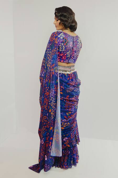 Shop_Payal & Zinal_Purple Georgette, Imported Satin Abstract V Printed Pre-draped Saree With Blouse _at_Aza_Fashions