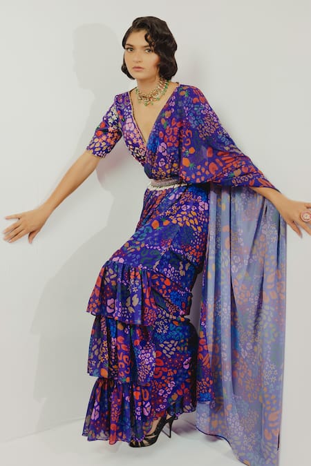 Payal & Zinal_Purple Georgette, Imported Satin Abstract V Printed Pre-draped Saree With Blouse _Online_at_Aza_Fashions