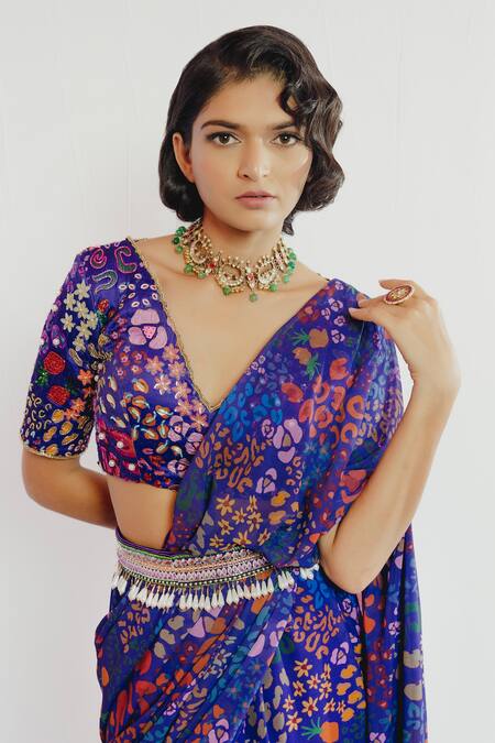 Shop_Payal & Zinal_Purple Georgette, Imported Satin Abstract V Printed Pre-draped Saree With Blouse _Online_at_Aza_Fashions