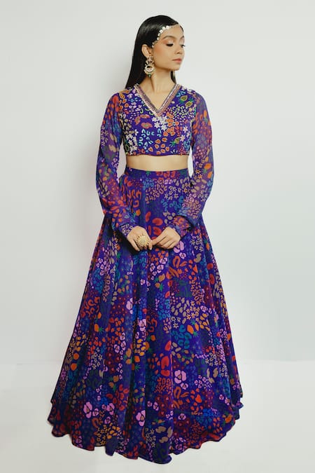 Payal & Zinal Purple Georgette Printed Abstract V Neck Skirt And Blouse Set 