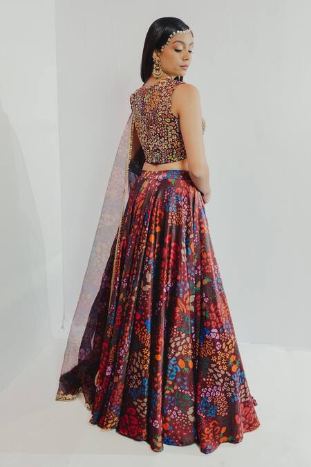 Shop_Payal & Zinal_Brown Spun Satin Printed Abstract Square Neck Skirt Set _at_Aza_Fashions