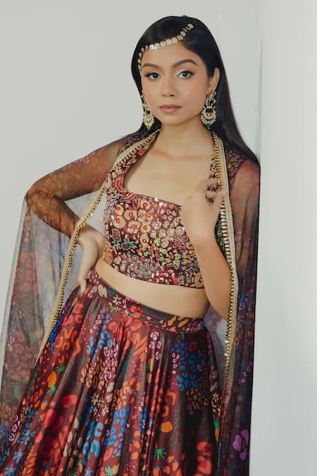 Buy_Payal & Zinal_Brown Spun Satin Printed Abstract Square Neck Skirt Set _Online_at_Aza_Fashions
