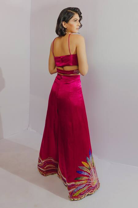 Shop_Payal & Zinal_Pink Gajji Silk Embroidery Geometric V Neck Wrap Top And Pant Set _at_Aza_Fashions