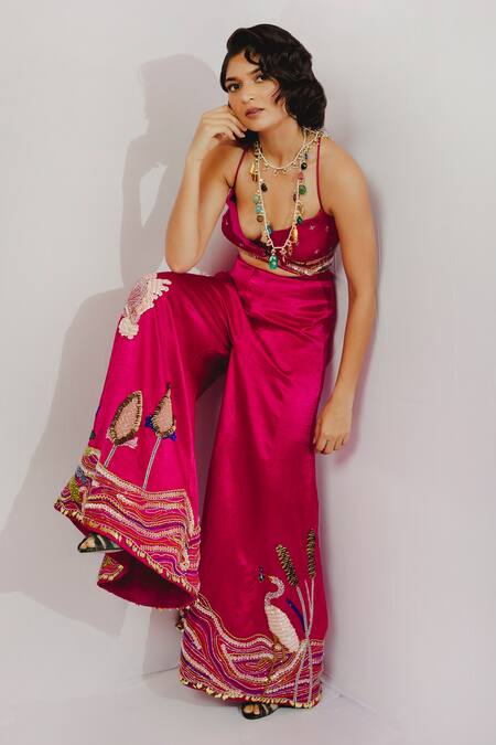 Payal & Zinal_Pink Gajji Silk Embroidery Geometric V Neck Wrap Top And Pant Set _Online_at_Aza_Fashions