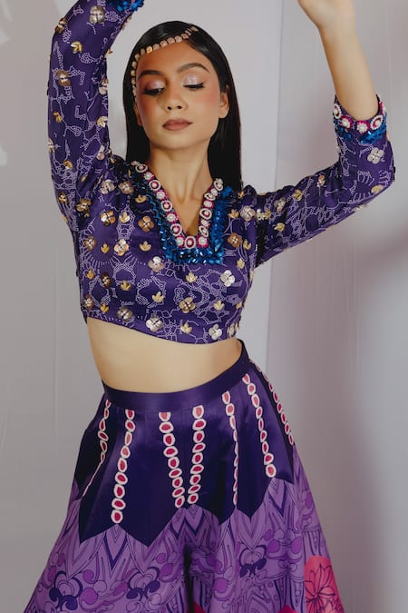 Payal & Zinal_Purple Imported Satin Embroidery Sequin V Neck Top And Palazzo Set _at_Aza_Fashions