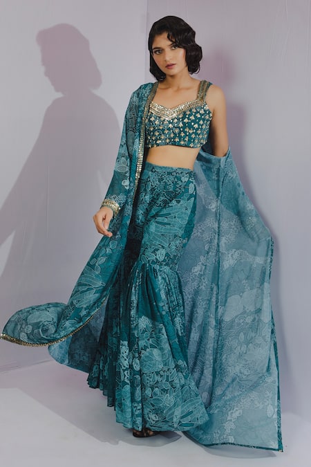 Payal & Zinal_Blue Georgette Pearl, Sequin, Jungle Blouse V Neck, Print Shrug And Sharara Set _Online_at_Aza_Fashions