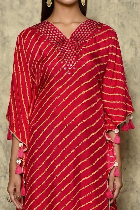 Samyukta Singhania Red Bamboo Tassels V-neck Bandhej Print V Kaftan at Aza Fashions Samyukta Singhania_Red Bamboo Tassels V-neck Bandhej Print V Kaftan_at_Aza_Fashions