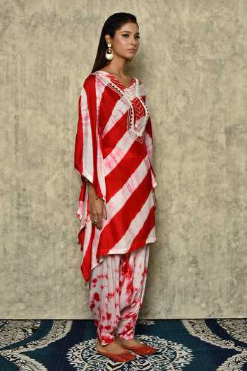 Khwaab By Sanjana Lakhani_Red Bamber Silk Tie Dye Mirror V Shibori Kaftan Tunic And Dhoti Pant Set _Online_at_Aza_Fashions