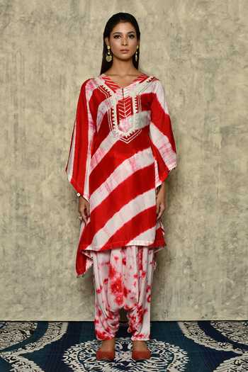 Buy_Khwaab By Sanjana Lakhani_Red Bamber Silk Tie Dye Mirror V Shibori Kaftan Tunic And Dhoti Pant Set _Online_at_Aza_Fashions