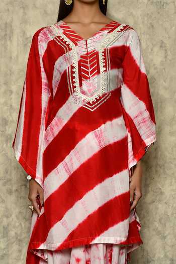 Shop_Khwaab By Sanjana Lakhani_Red Bamber Silk Tie Dye Mirror V Shibori Kaftan Tunic And Dhoti Pant Set _Online_at_Aza_Fashions