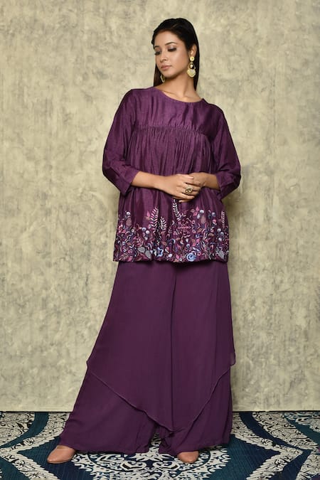 Samyukta Singhania Wine Bamberg Silk Embroidered Thread And Flared Tunic With Layered Pant Set 