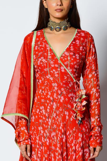Buy_Rishi and Vibhuti_Red Georgette Floral Print And Sequin V Neck Anarkali With Dupatta_Online_at_Aza_Fashions