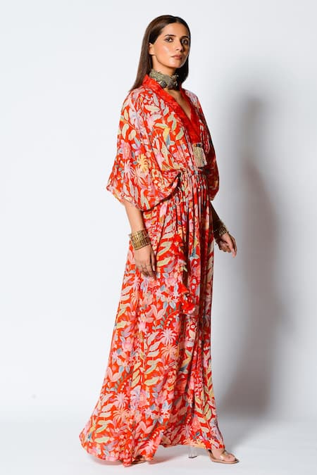 Rishi and Vibhuti_Red Crepe Floral Print And Sequin V Neck Kaftan _Online_at_Aza_Fashions