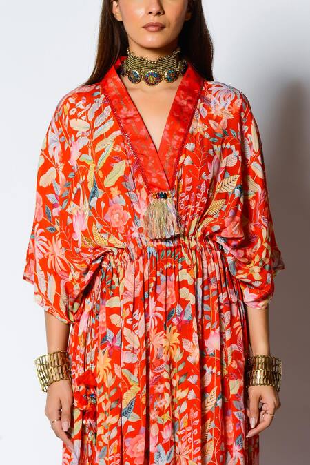 Buy_Rishi and Vibhuti_Red Crepe Floral Print And Sequin V Neck Kaftan _Online_at_Aza_Fashions