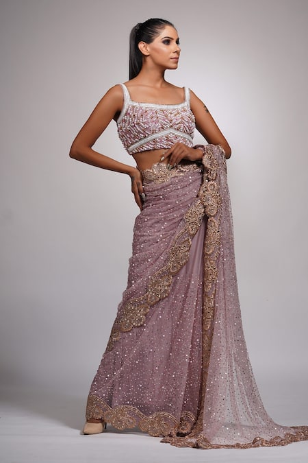 Shruti S_Purple Blouse , Saree Star Cutdana, Pearl, Sequin, Embroidered With _Online_at_Aza_Fashions