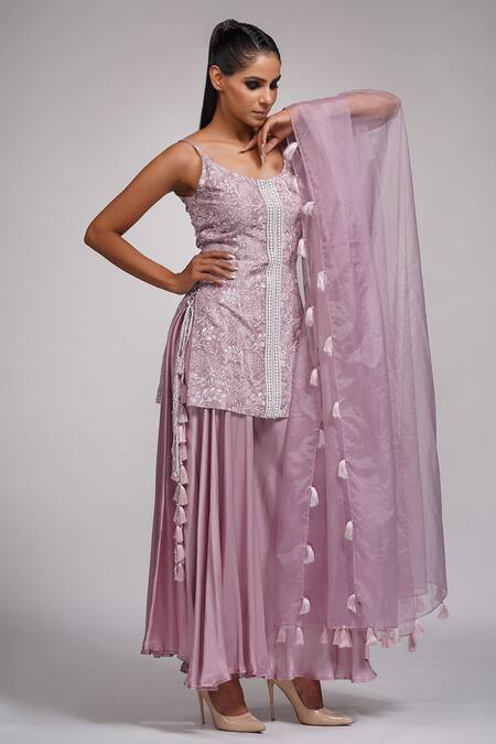 Shruti S_Purple Dupatta Organza, Kurta Silk, Sharara Modal Floral, Pearl Print Set_Online_at_Aza_Fashions