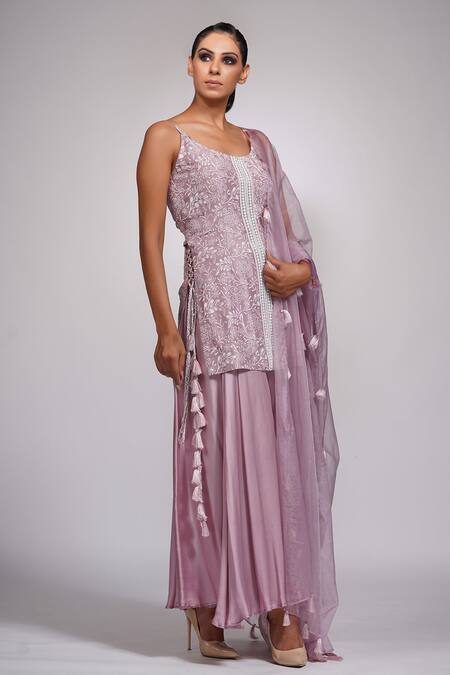 Buy_Shruti S_Purple Dupatta Organza, Kurta Silk, Sharara Modal Floral, Pearl Print Set_Online_at_Aza_Fashions