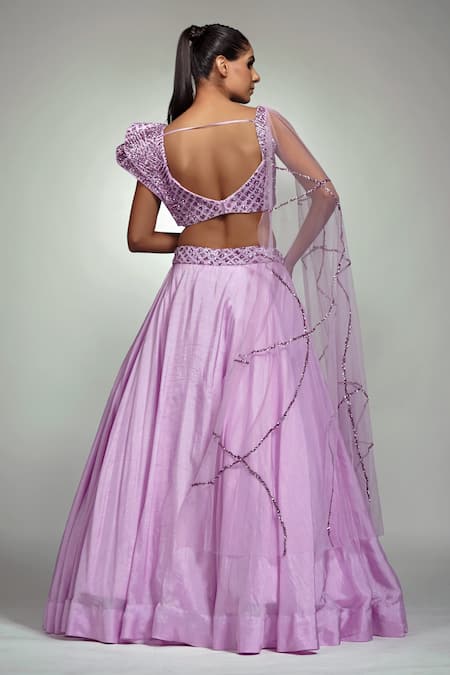 Shop_Shruti S_Purple Attached Drape Star Net, Bustier Silk, Lehenga With Embroidered Blouse _at_Aza_Fashions