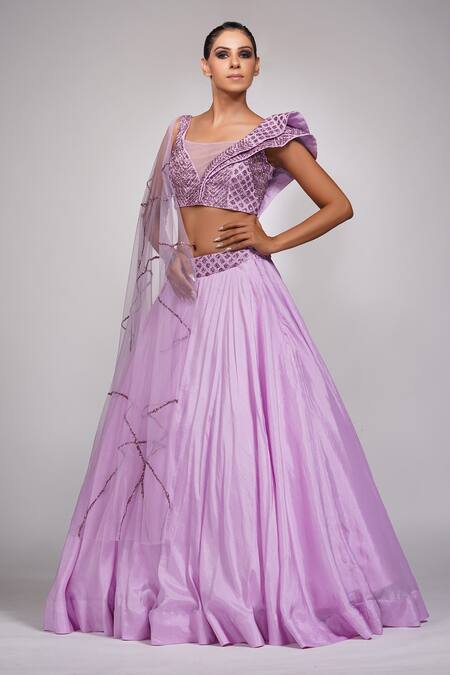 Shruti S_Purple Attached Drape Star Net, Bustier Silk, Lehenga With Embroidered Blouse _Online_at_Aza_Fashions