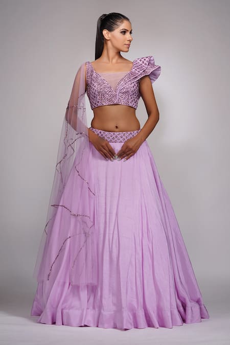 Buy_Shruti S_Purple Attached Drape Star Net, Bustier Silk, Lehenga With Embroidered Blouse _Online_at_Aza_Fashions
