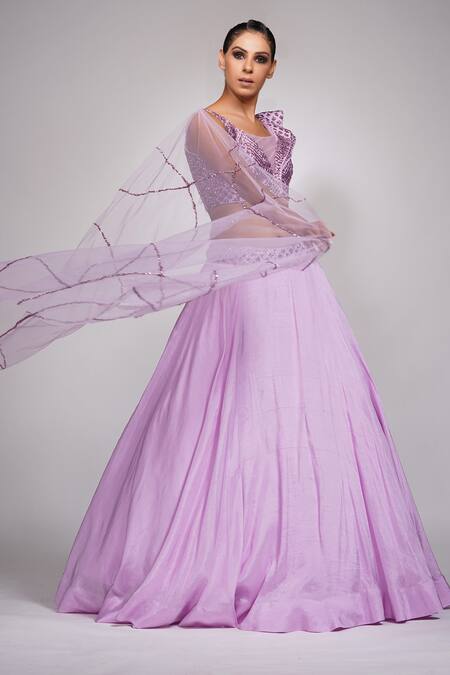 Shop_Shruti S_Purple Attached Drape Star Net, Bustier Silk, Lehenga With Embroidered Blouse _Online_at_Aza_Fashions