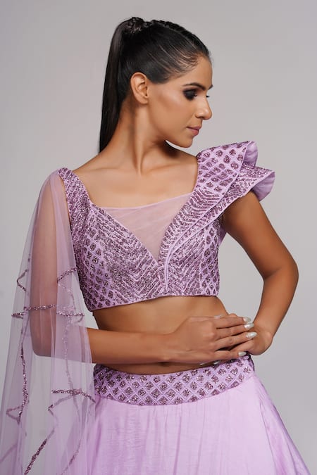 Shruti S_Purple Attached Drape Star Net, Bustier Silk, Lehenga With Embroidered Blouse _at_Aza_Fashions