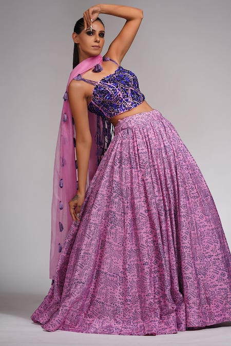 Shruti S_Pink Dupatta Organza, Lehenga And Blouse Silk Cutdana, Floral Printed Set_Online_at_Aza_Fashions