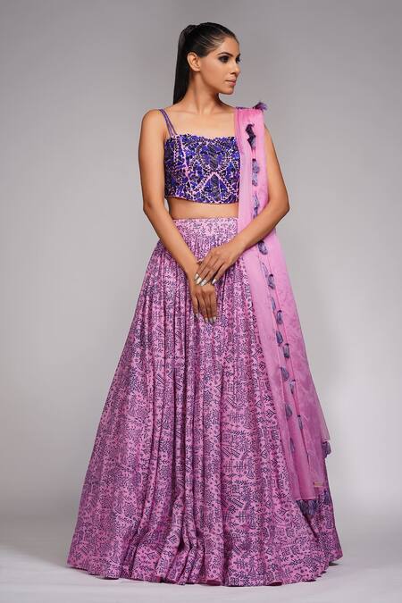 Buy_Shruti S_Pink Dupatta Organza, Lehenga And Blouse Silk Cutdana, Floral Printed Set_Online_at_Aza_Fashions