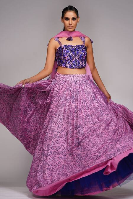 Shop_Shruti S_Pink Dupatta Organza, Lehenga And Blouse Silk Cutdana, Floral Printed Set_Online_at_Aza_Fashions