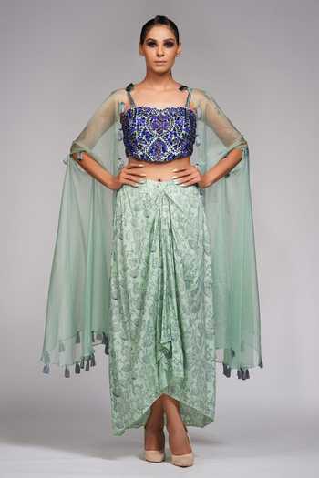 Buy Shruti S Green Cape Organza, Dhoti And Crop Top Silk Floral, Sequin & Draped Skirt Set at Aza Fashions Buy_Shruti S_Green Cape Organza, Dhoti And Crop Top Silk Floral, Sequin & Draped Skirt Set _at_Aza_Fashions