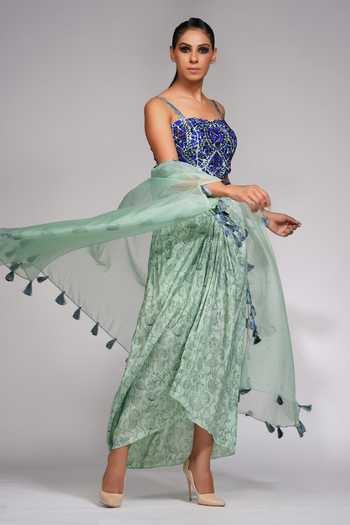 Shruti S Green Cape Organza, Dhoti And Crop Top Silk Floral, Sequin & Draped Skirt Set Online at Aza Fashions Shruti S_Green Cape Organza, Dhoti And Crop Top Silk Floral, Sequin & Draped Skirt Set _Online_at_Aza_Fashions