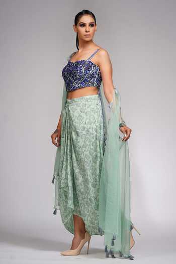 Buy Shruti S Green Cape Organza, Dhoti And Crop Top Silk Floral, Sequin & Draped Skirt Set Online at Aza Fashions Buy_Shruti S_Green Cape Organza, Dhoti And Crop Top Silk Floral, Sequin & Draped Skirt Set _Online_at_Aza_Fashions