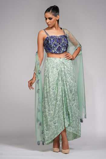 Shop Shruti S Green Cape Organza, Dhoti And Crop Top Silk Floral, Sequin & Draped Skirt Set Online at Aza Fashions Shop_Shruti S_Green Cape Organza, Dhoti And Crop Top Silk Floral, Sequin & Draped Skirt Set _Online_at_Aza_Fashions