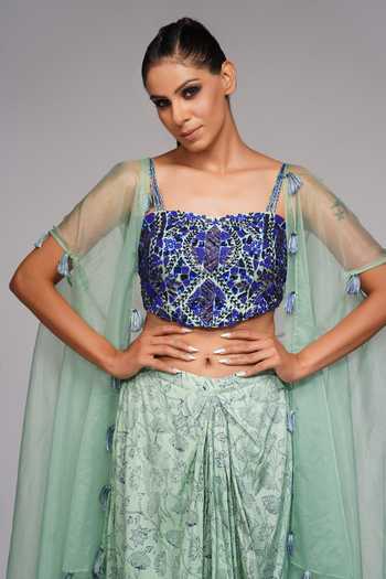 Shruti S Green Cape Organza, Dhoti And Crop Top Silk Floral, Sequin & Draped Skirt Set at Aza Fashions Shruti S_Green Cape Organza, Dhoti And Crop Top Silk Floral, Sequin & Draped Skirt Set _at_Aza_Fashions